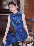 Satin Blue Sleeveless Jacquard Cheongsam Dress