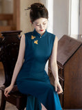 Romina Blue Embroidered Cheongsam Dress