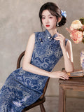Tranquil Blue Sleeveless Jacquard Cheongsam Dress