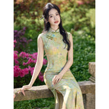 Turquoise Light Leaf Green Floral Cheongsam