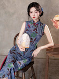 Mia Blue Sleeveless Jacquard Cheongsam