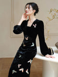 Ruby Velvet Deep Black Cheongsam Dress
