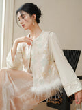 Fluorite Short Embroidered Ostrich Feather Cheongsam Vest