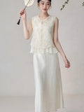 Cashmere 2-Piece Beige Embroidered Vest Cheongsam