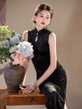 Chrysanthemum Black Diamond Velvet Cheongsam