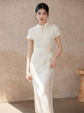 Lea Beige Apricot Slim Fit Cheongsam Dress