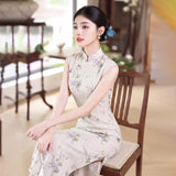Kalina Bamboo Linen Beige Cheongsam Dress