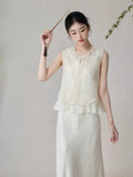 Cashmere 2-Piece Beige Embroidered Vest Cheongsam