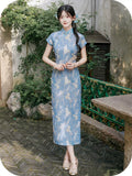 Garnet Blue Jacquard Cheongsam Dress