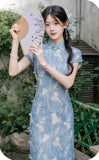 Garnet Blue Jacquard Cheongsam Dress