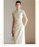 Vina Raw Linen Apricot Slim Cheongsam Dress