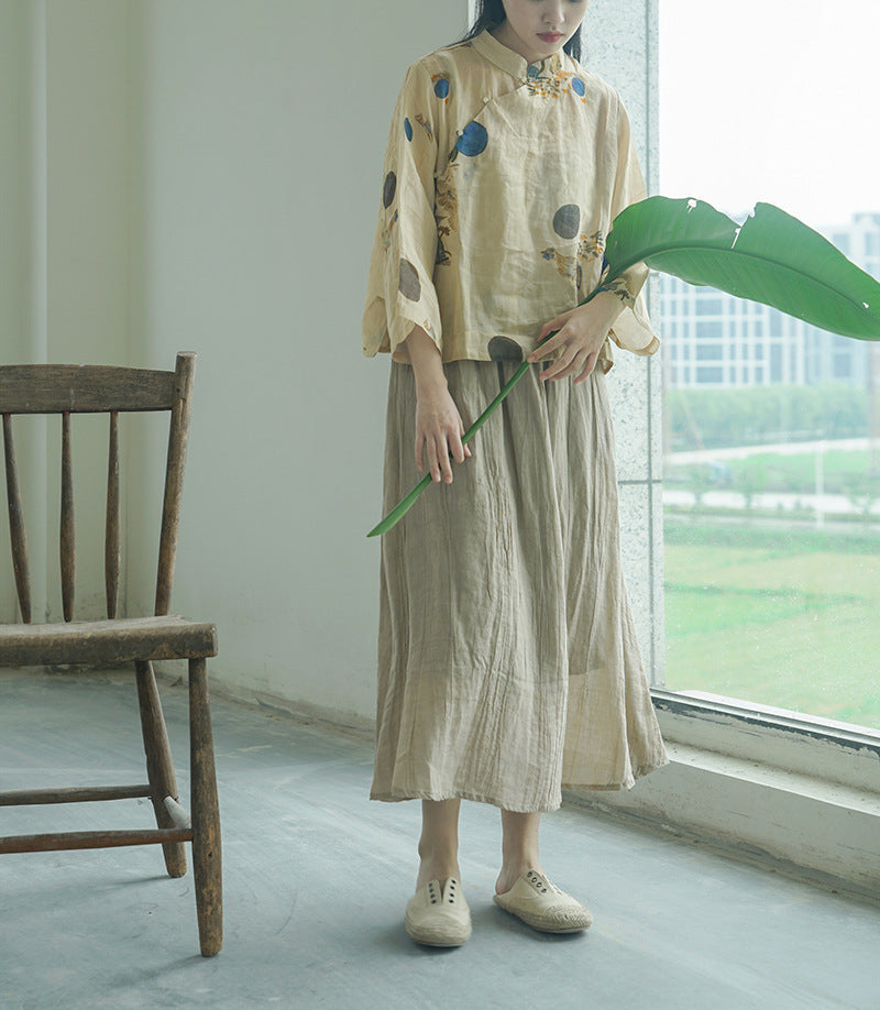 Distressed Versatile Twill Crinkle Qipao Cheongsam Skirt