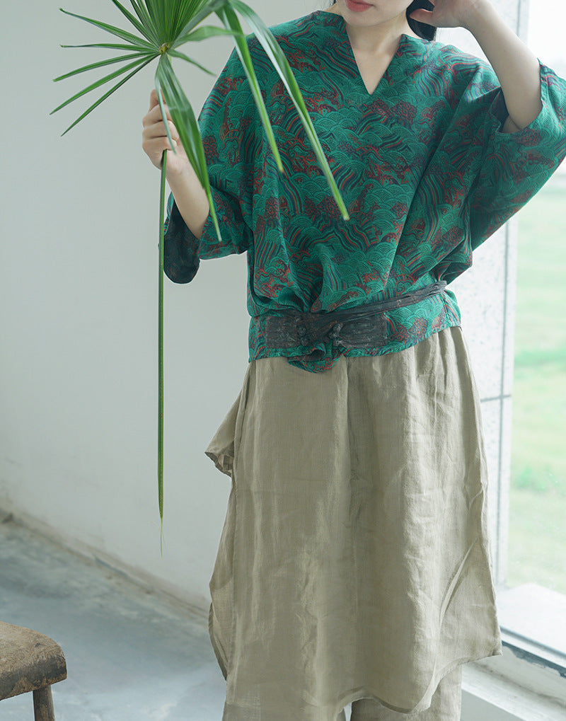 Silk Fragrant Cloud Yarn Printed Cocoon Loose  Qipao Cheongsam Top