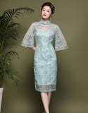 Qipao Cheongsam bleu glacial