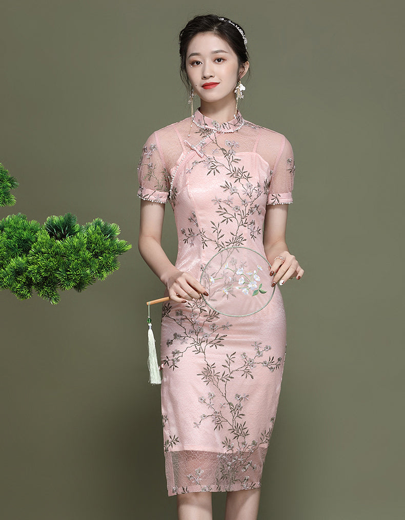 Qipao Cheongsam de pana rosa